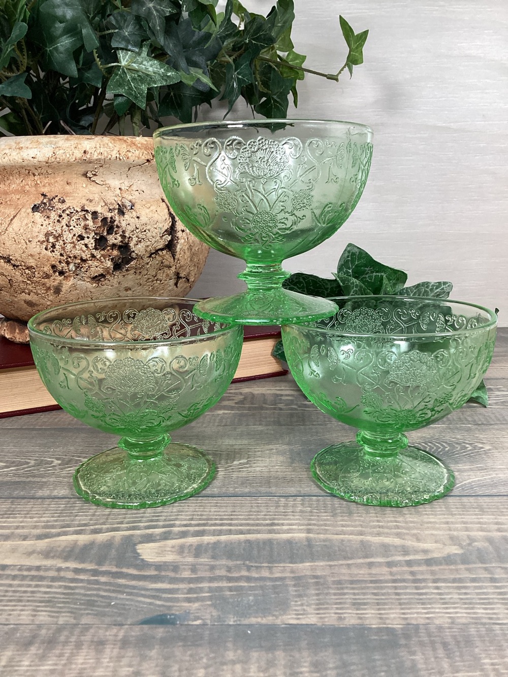 Set 3 Hazel Atlas Florentine Green Uranium Glass Glowing Sherbert Dishes Vintage
